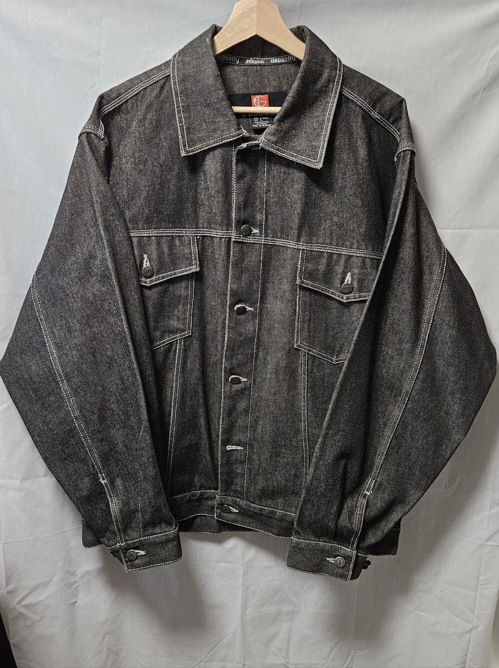 Men's GODBODY Black Japanese Denim Jacket - Classic Trucker Oversized sz L